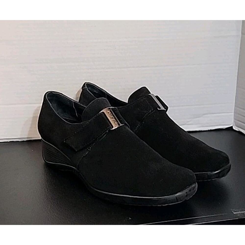 Women's Aquatalia Casual Wedge Loafers Clogs Shoes Size 11‎ Black Suede Strapped